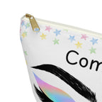 Make up bag with colorful stars on a white background close up of white zipper