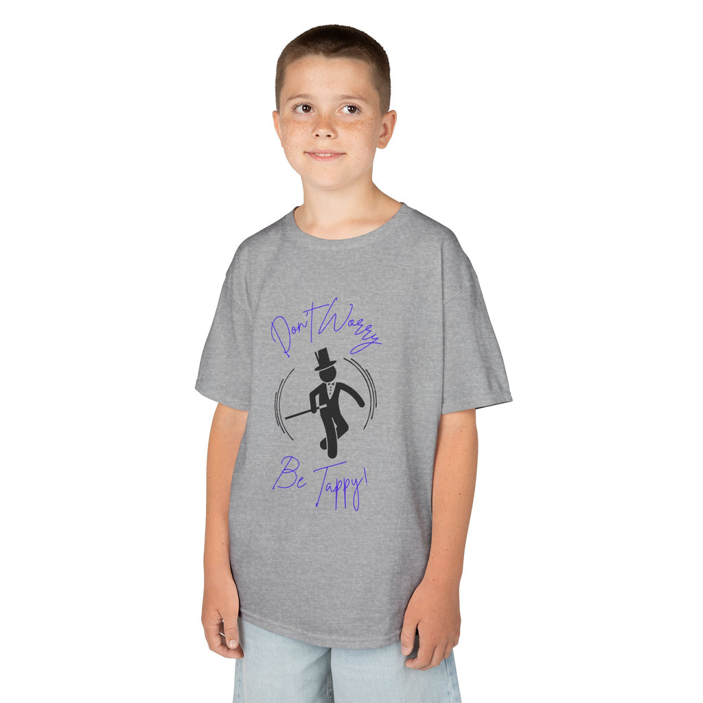 Front view of a youth Gildan 5000B heavy cotton t-shirt in sport grey with a Don't Worry Be Tappy Tap theme
