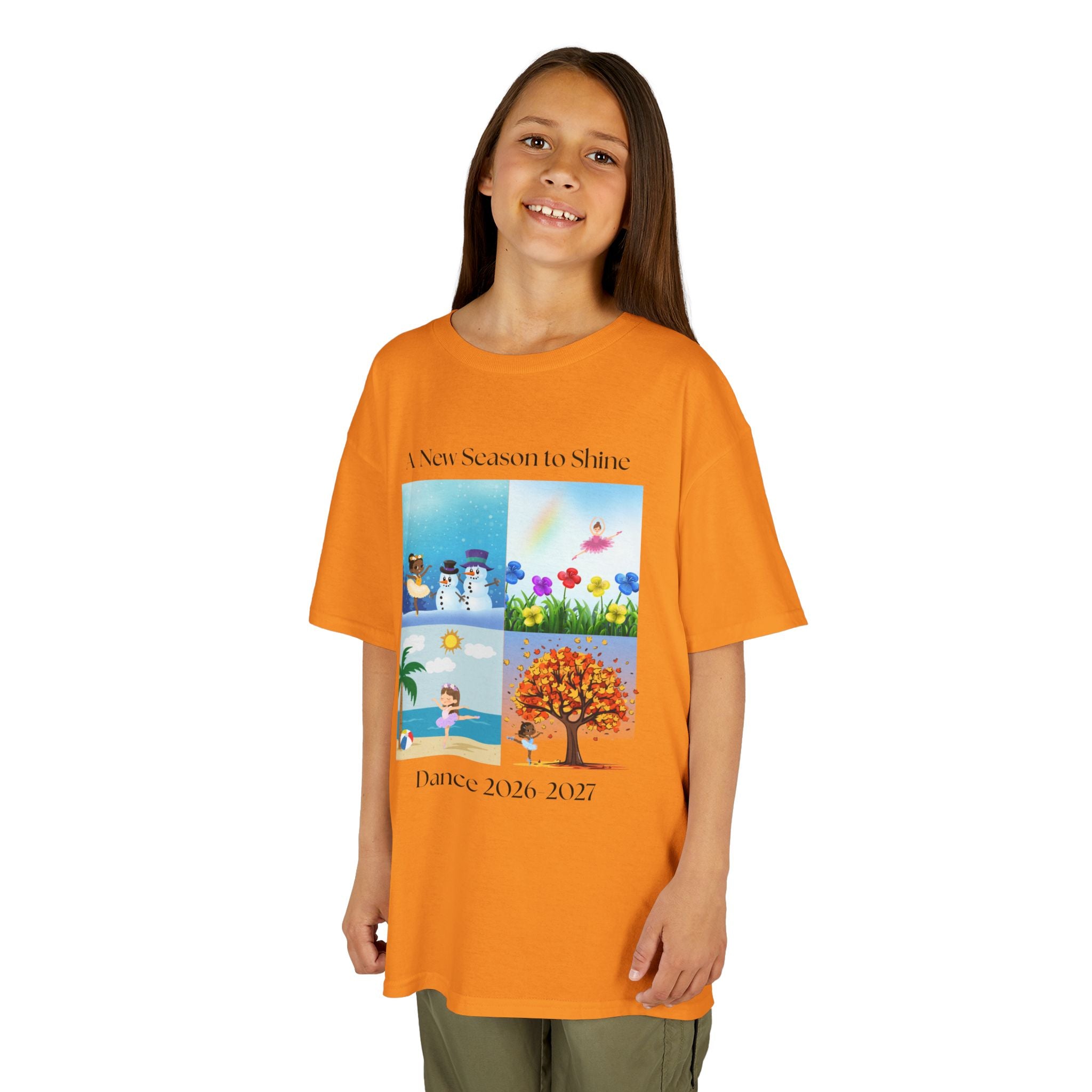 Young girl wearing a youth Gildan 5000B heavy cotton t-shirt in tennessee orange with an A New Season to Shine Dance 2026-2027 theme