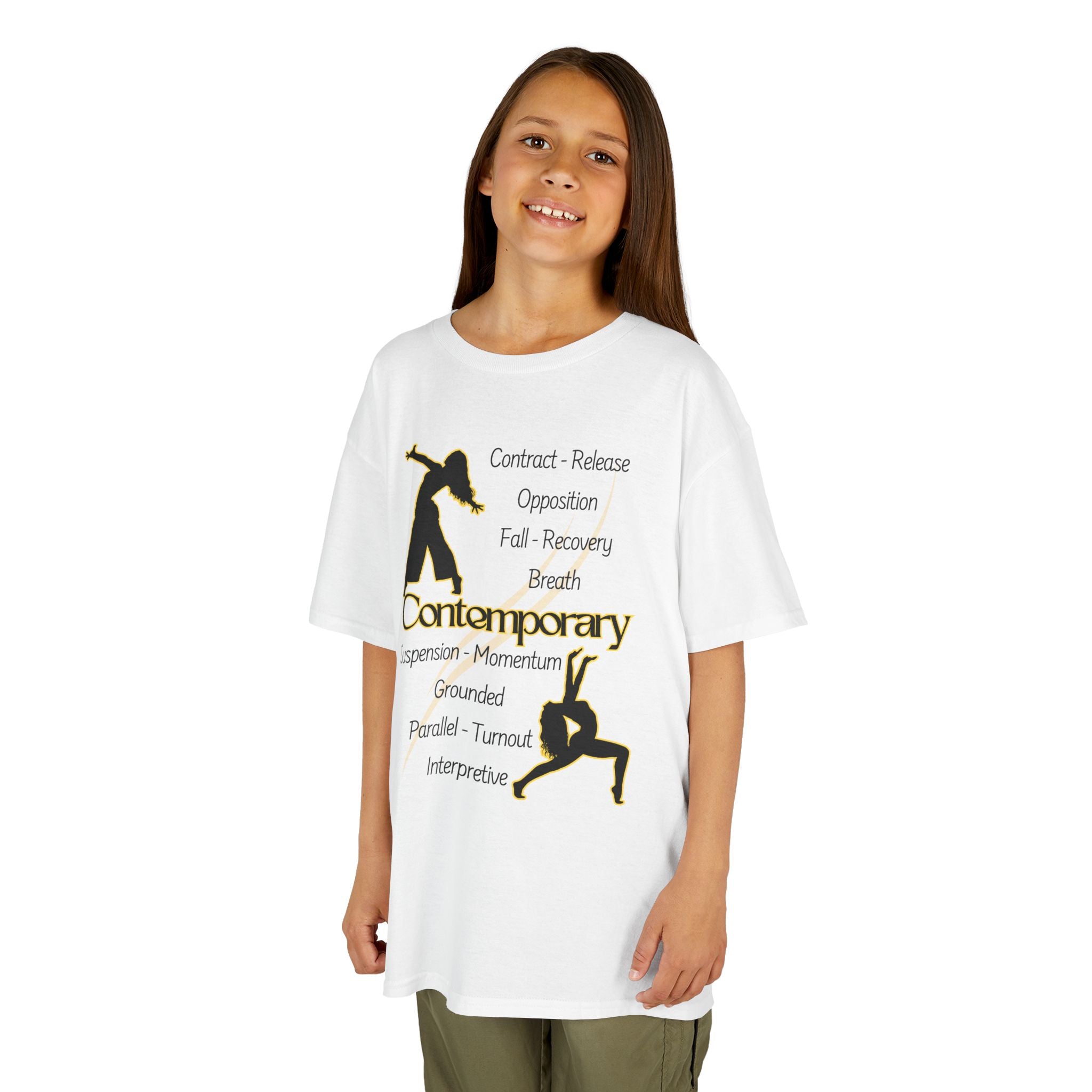 Young girl wearing a youth Gildan 5000B heavy cotton t-shirt in white  featuring Contemporary Dancers with text