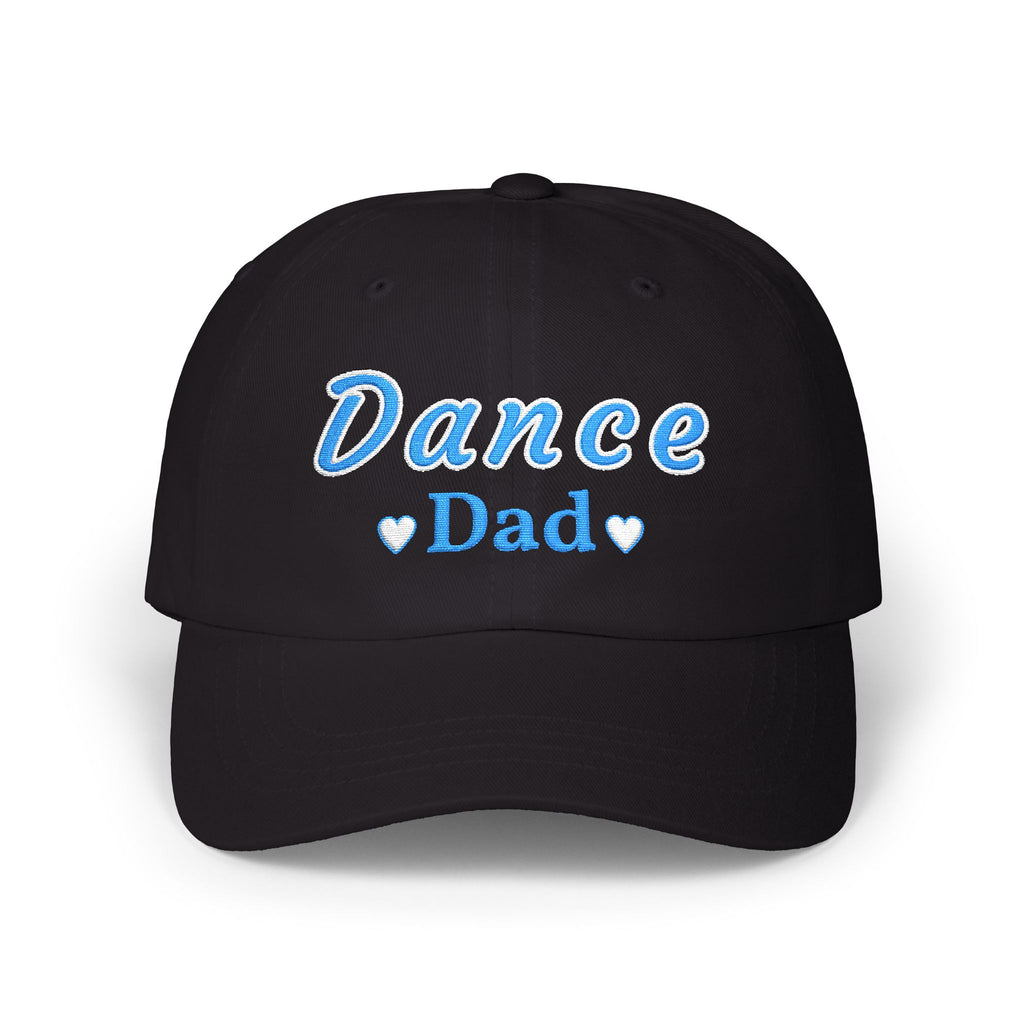 Black embroidered classic dad cap hat with a Dance Dad text and graphic Front view