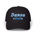 Black embroidered classic dad cap hat with a Dance Dad text and graphic Front view