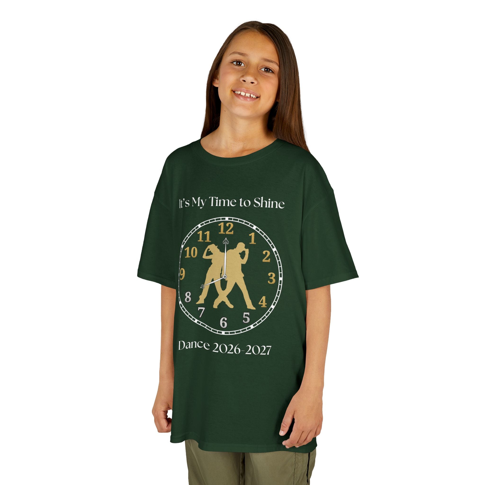 Young girl wearing a youth Gildan 5000B heavy cotton t-shirt in forest green with an It's My Time to Shine Hip Hop 2026-2027 theme