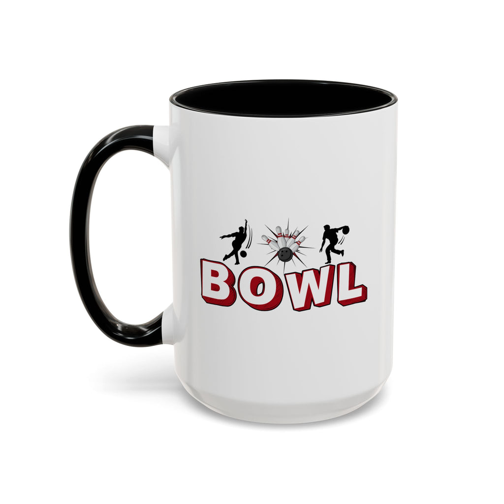 15oz white ceramic Bowling mug with black handle and interior Left handed view