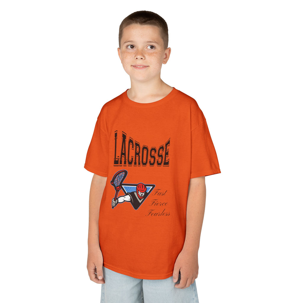 Young boy wearing a youth Gildan 5000B heavy cotton t-shirt in orange with a Boys Lacrosse design