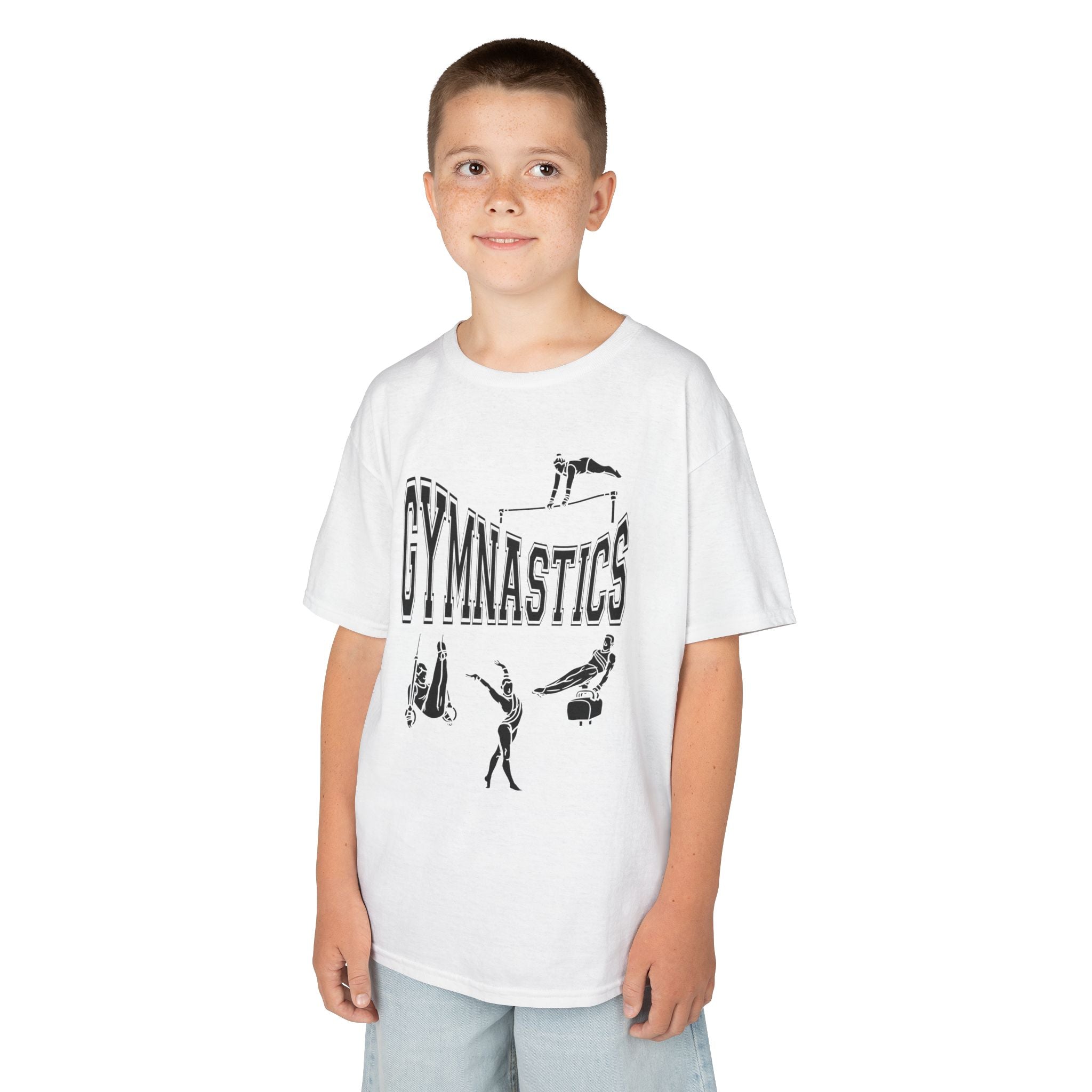 Young boy wearing a youth Gildan 5000B heavy cotton t-shirt in white with a gymnastics text and graphic