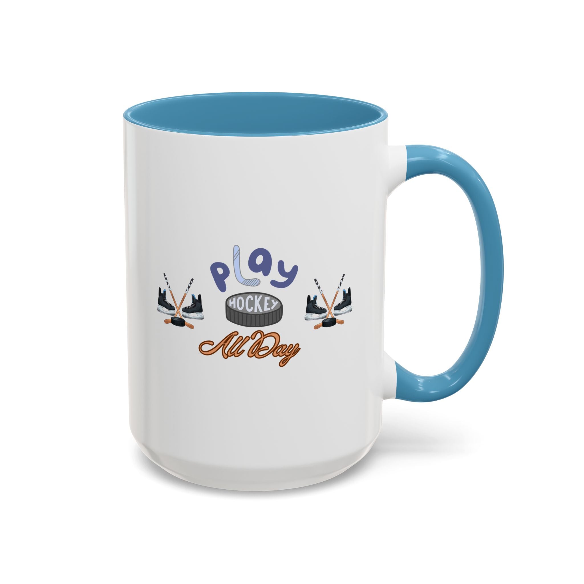 15oz white ceramic Ice Hockey Play All Day mug with light blue handle and interior Right handed view