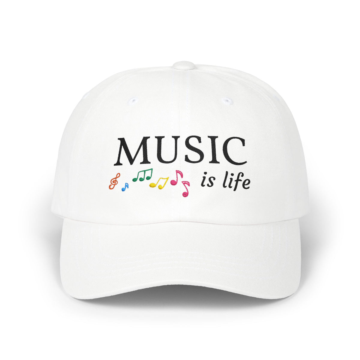 White embroidered classic dad cap hat with a Music is Life text and graphic Front view