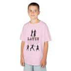 Young boy wearing a youth Gildan 5000B heavy cotton t-shirt in light pink with a Latin Dance Style theme