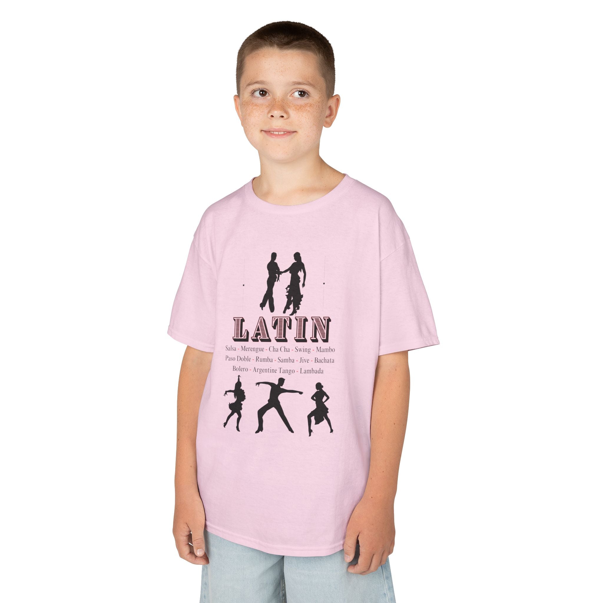 Young boy wearing a youth Gildan 5000B heavy cotton t-shirt in light pink with a Latin Dance Style theme