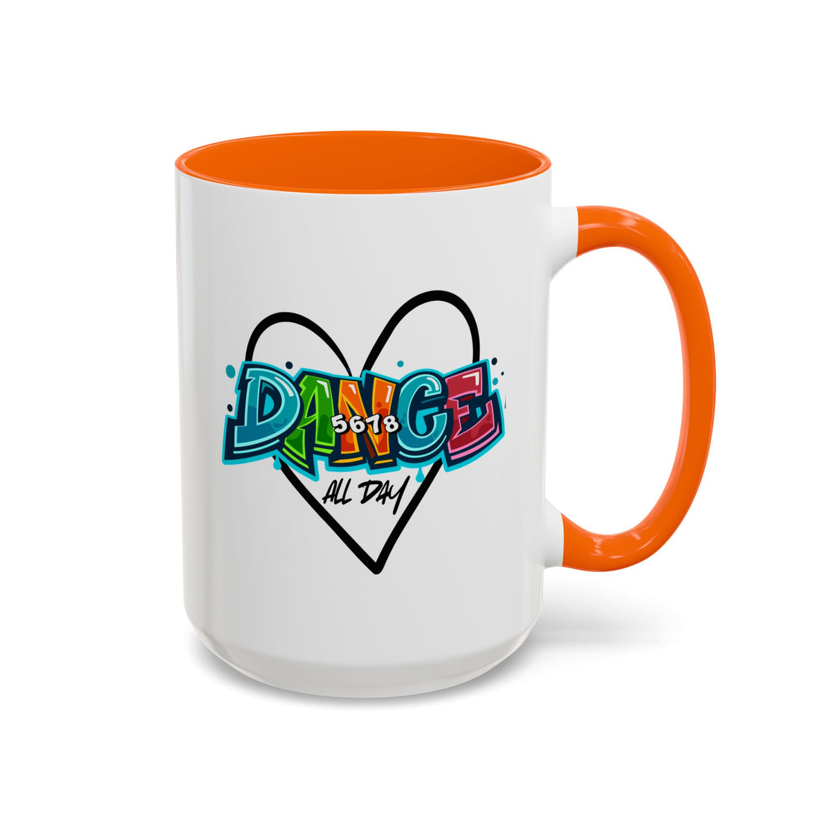 15oz white ceramic Dance All Day mug with orange handle and interior Right handed view