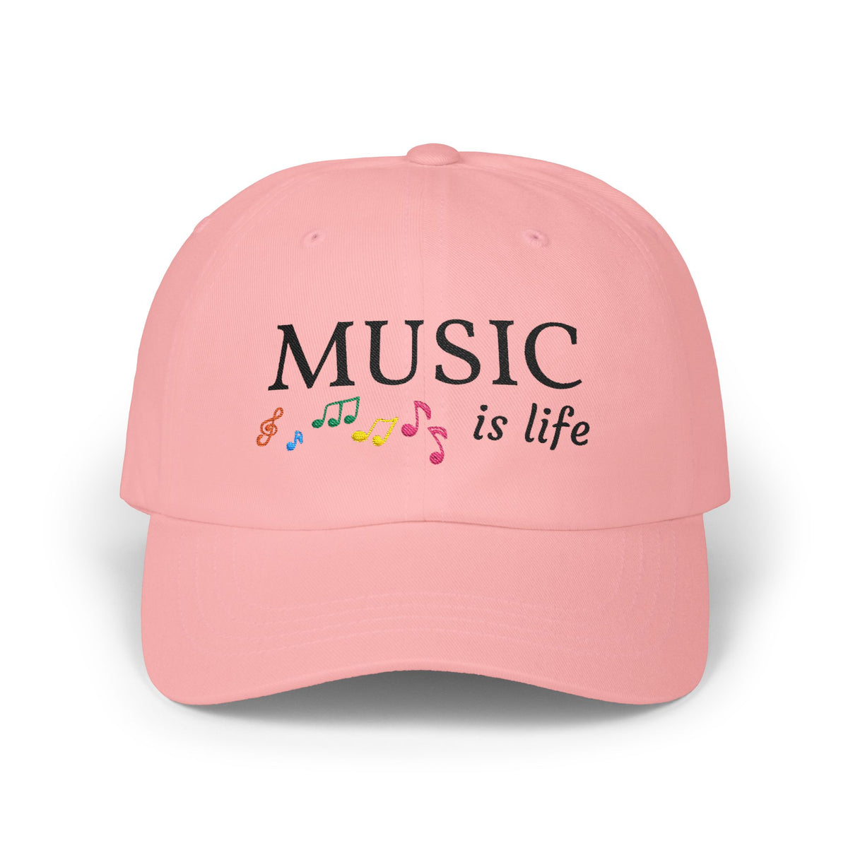 Pink embroidered classic dad cap hat with a Music is Life text and graphic Front view