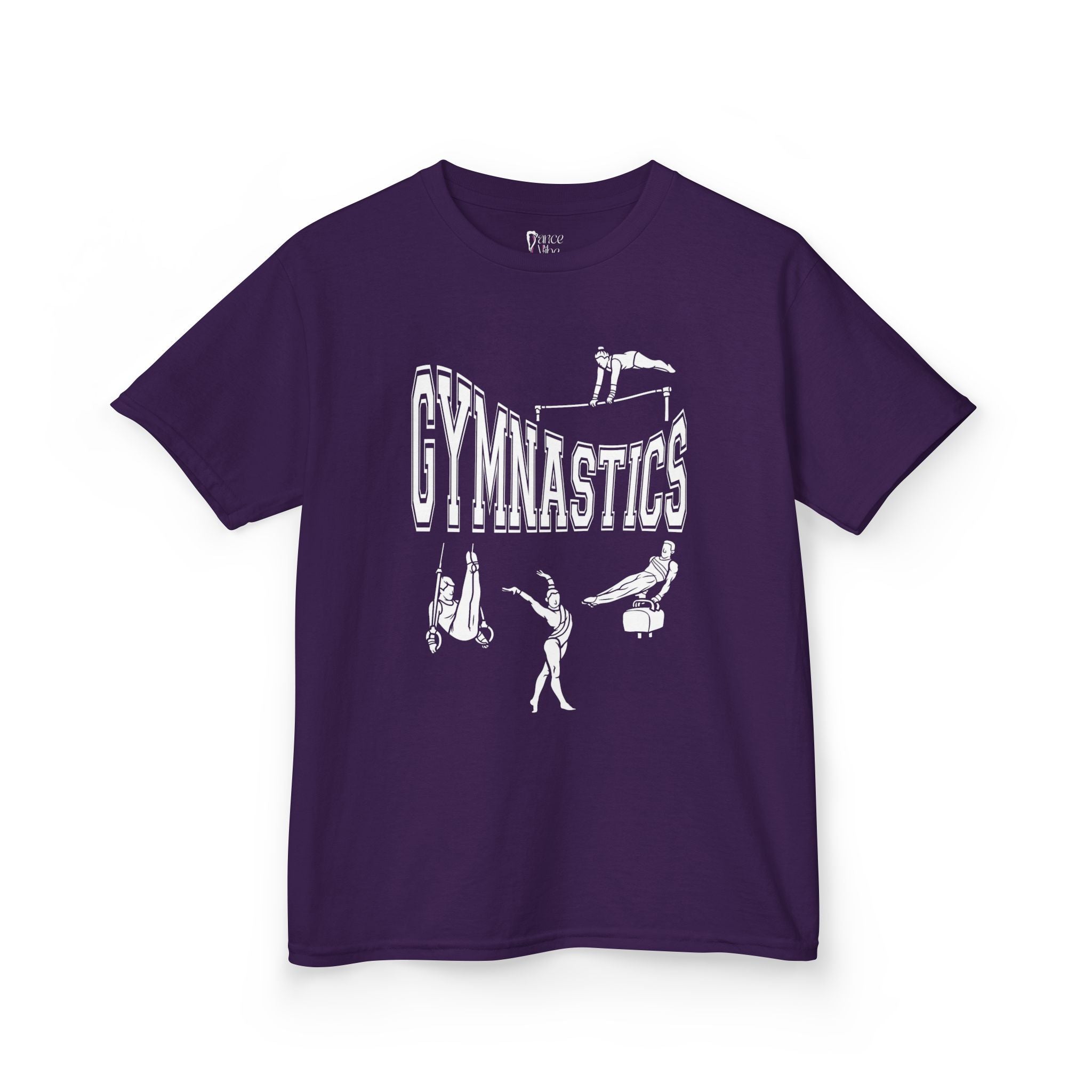 Front view of a youth Gildan 5000B heavy cotton t-shirt in purple with a gymnastics text and graphic