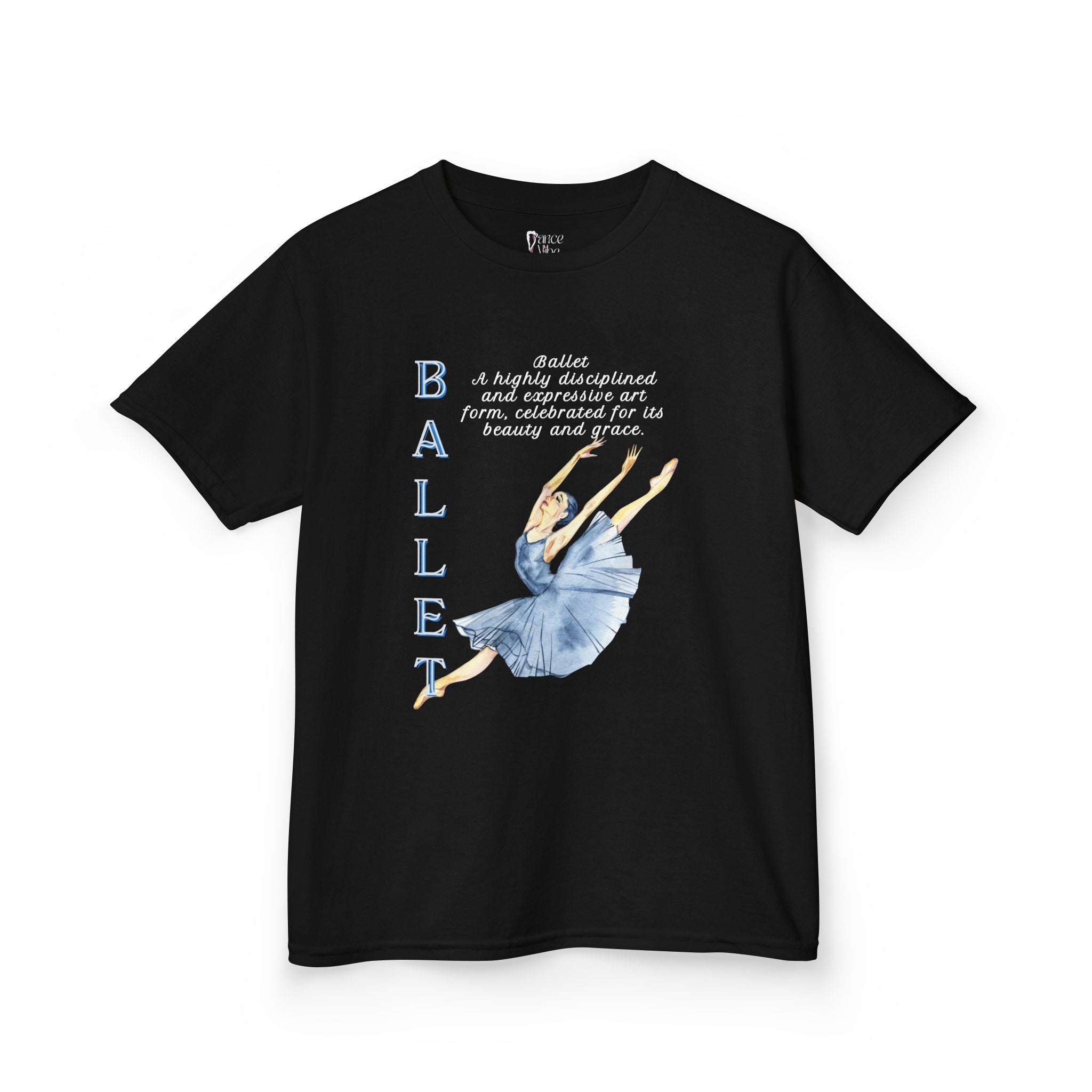 Front view of a youth Gildan 5000B heavy cotton t-shirt in black with a Ballet text and graphic