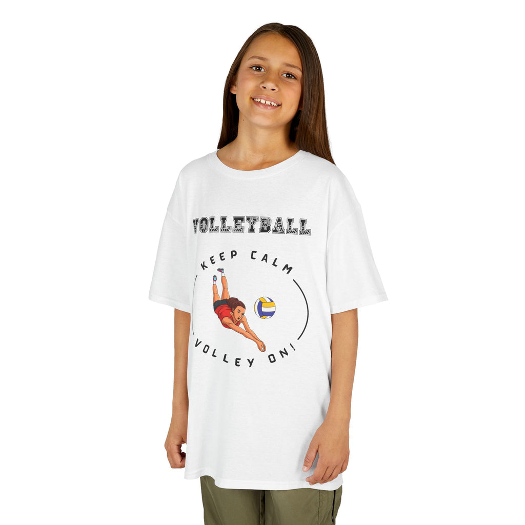 Young girl wearing a youth Gildan 5000B heavy cotton t-shirt in white featuring a girl playing Volleyball