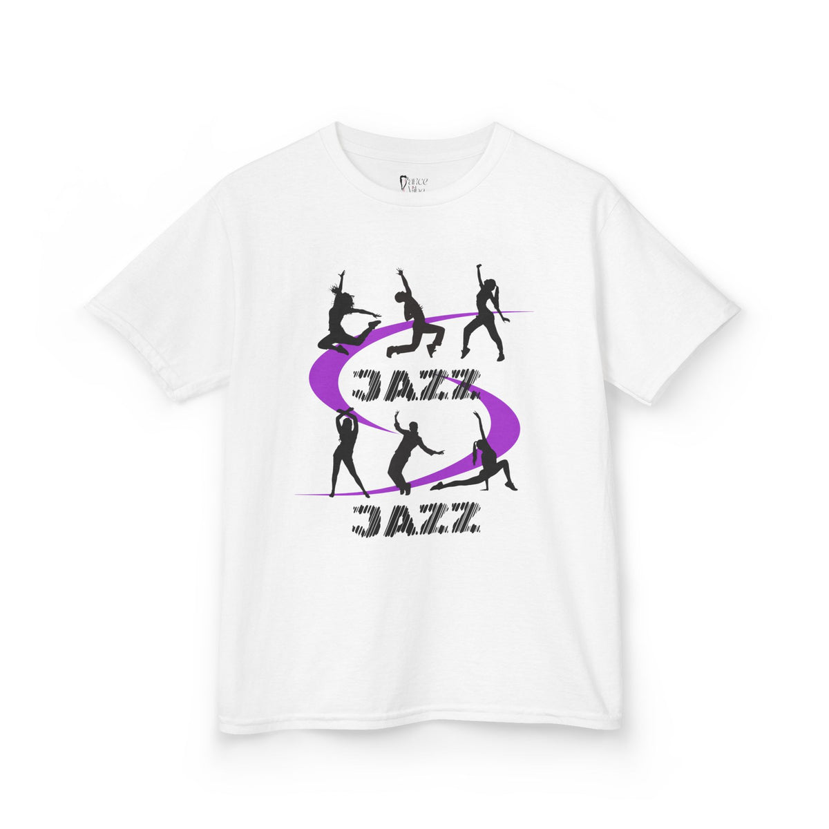 Front view of a youth Gildan 5000B heavy cotton t-shirt in white with a Jazz Dance text and graphic