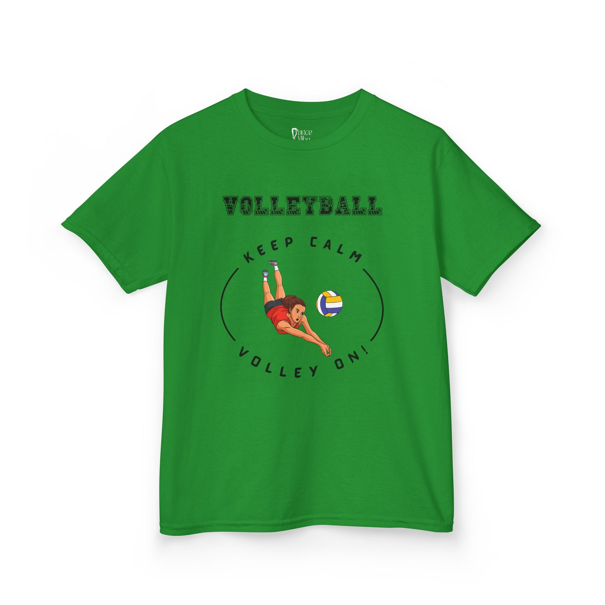 Front view of a youth Gildan 5000B heavy cotton t-shirt irish green showing a girl playing Volleyball