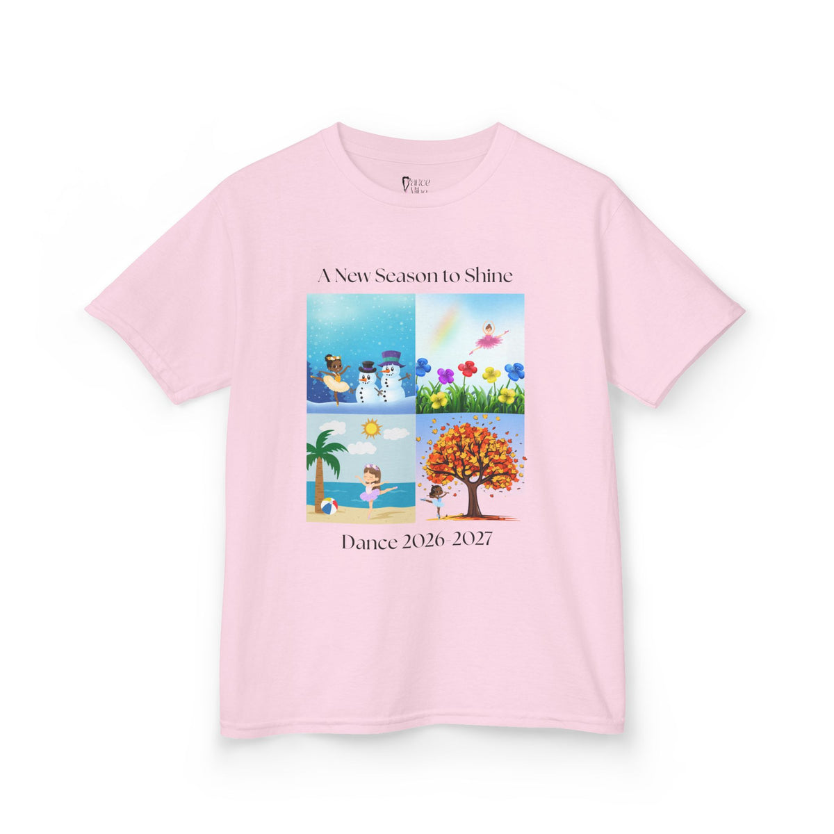 Front view of a youth Gildan 5000B heavy cotton t-shirt in light pink with an A New Season to Shine Dance 2026-2027 theme