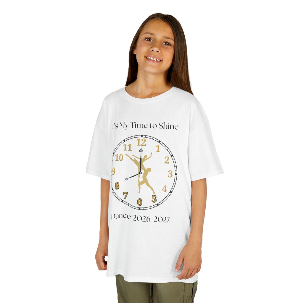 Young girl wearing a youth Gildan 5000B heavy cotton t-shirt in white with a Ballet Couple 2026-2027 design