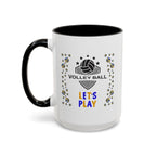 15oz white ceramic Volleyball mug with black handle and interior Left handed view