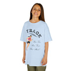 Young girl wearing a youth Gildan 5000B heavy cotton t-shirt in light blue showing a girl running Track
