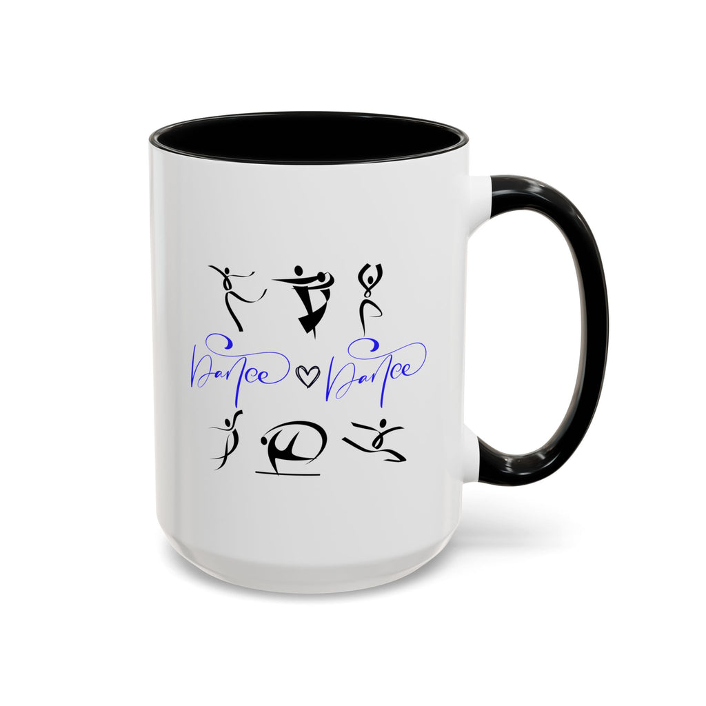 15oz white ceramic Dance Silhouette mug with black handle and interior Right handed view
