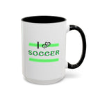 15oz white ceramic I Love Soccer mug with black handle and interior Right handed view