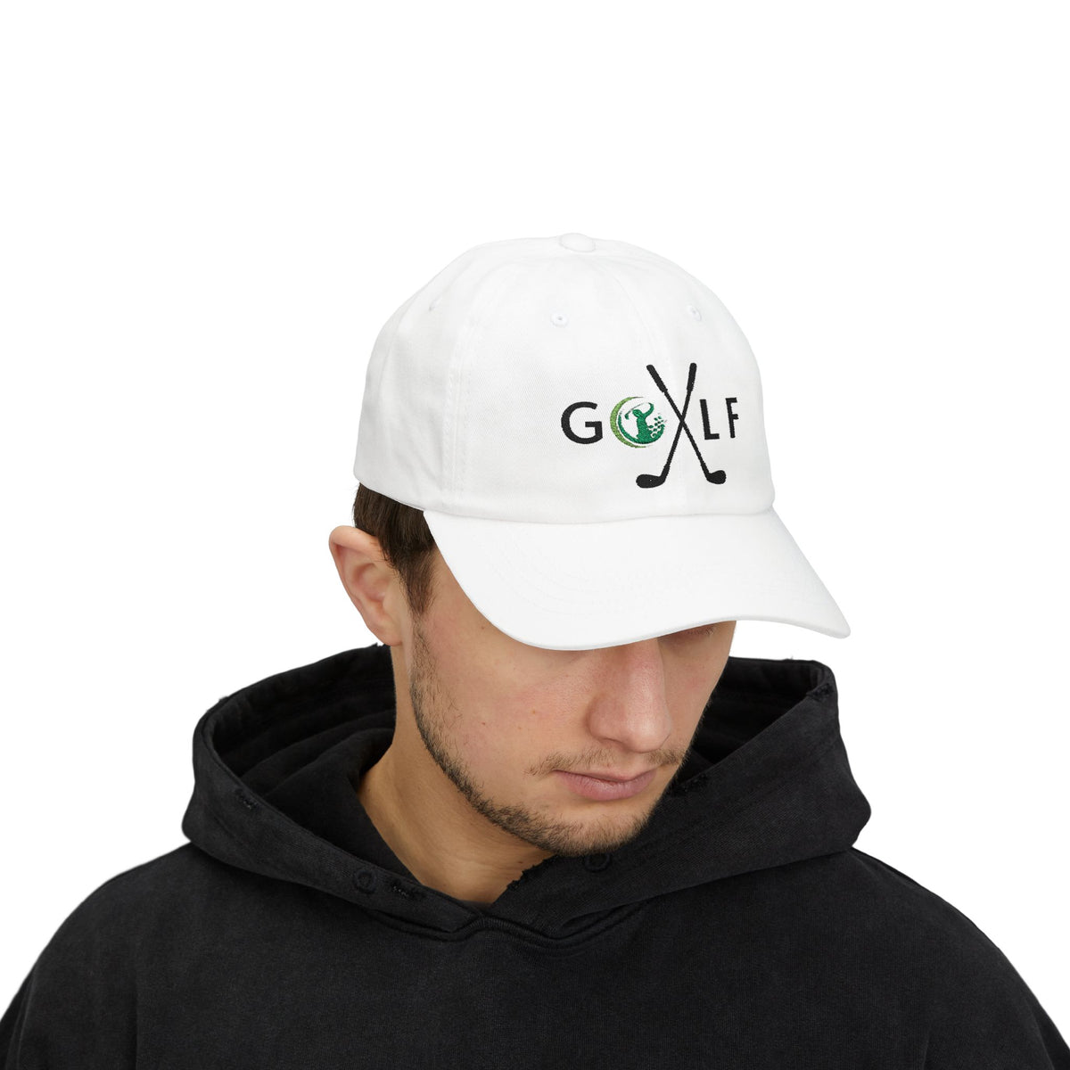 Man wearing a white embroidered classic dad cap hat with a Golf text and graphic