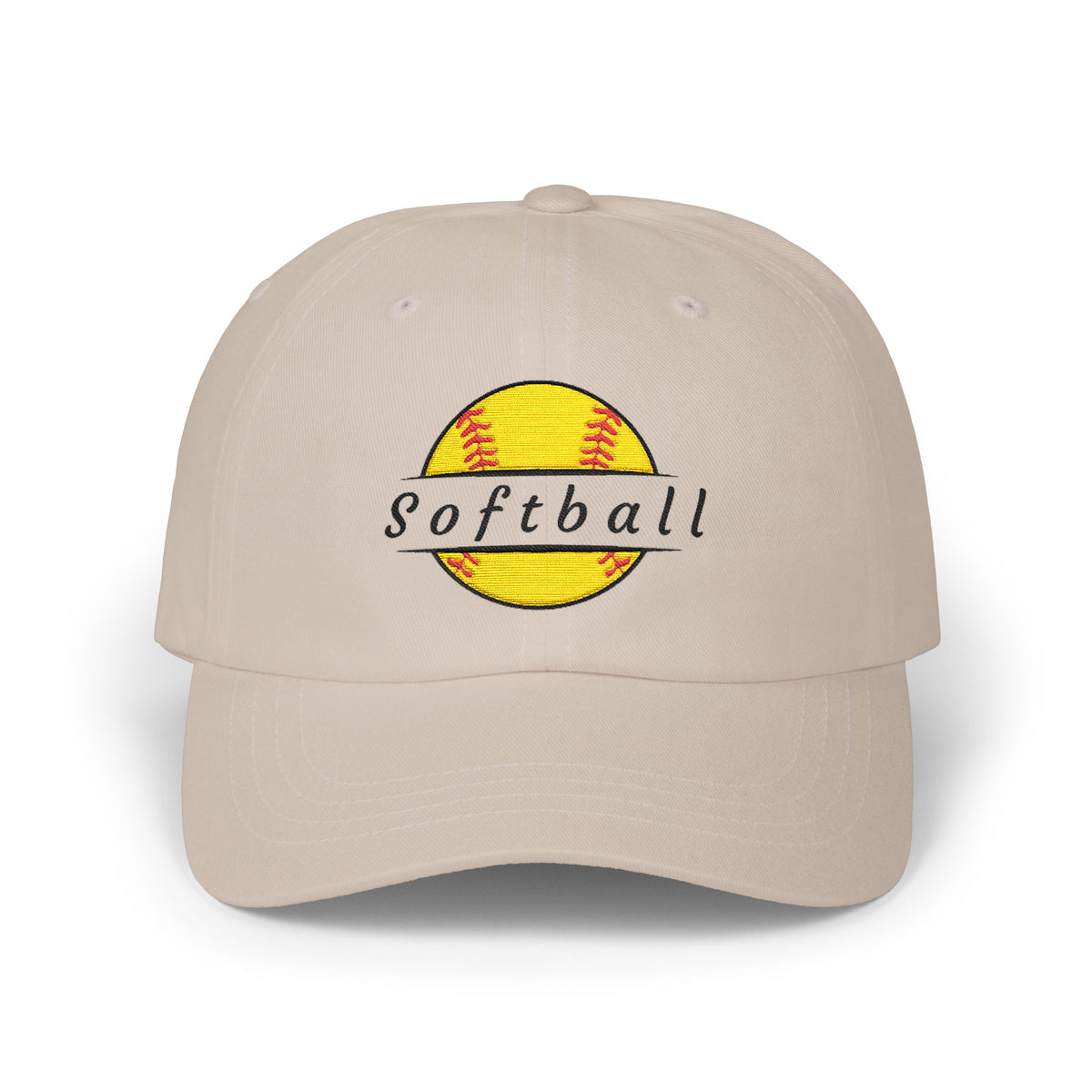 Stone embroidered classic dad cap hat with a Softball text and graphic Front view