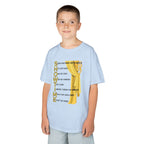 Young boy wearing a youth Gildan 5000B heavy cotton t-shirt in light blue with a Showtime text and graphic 