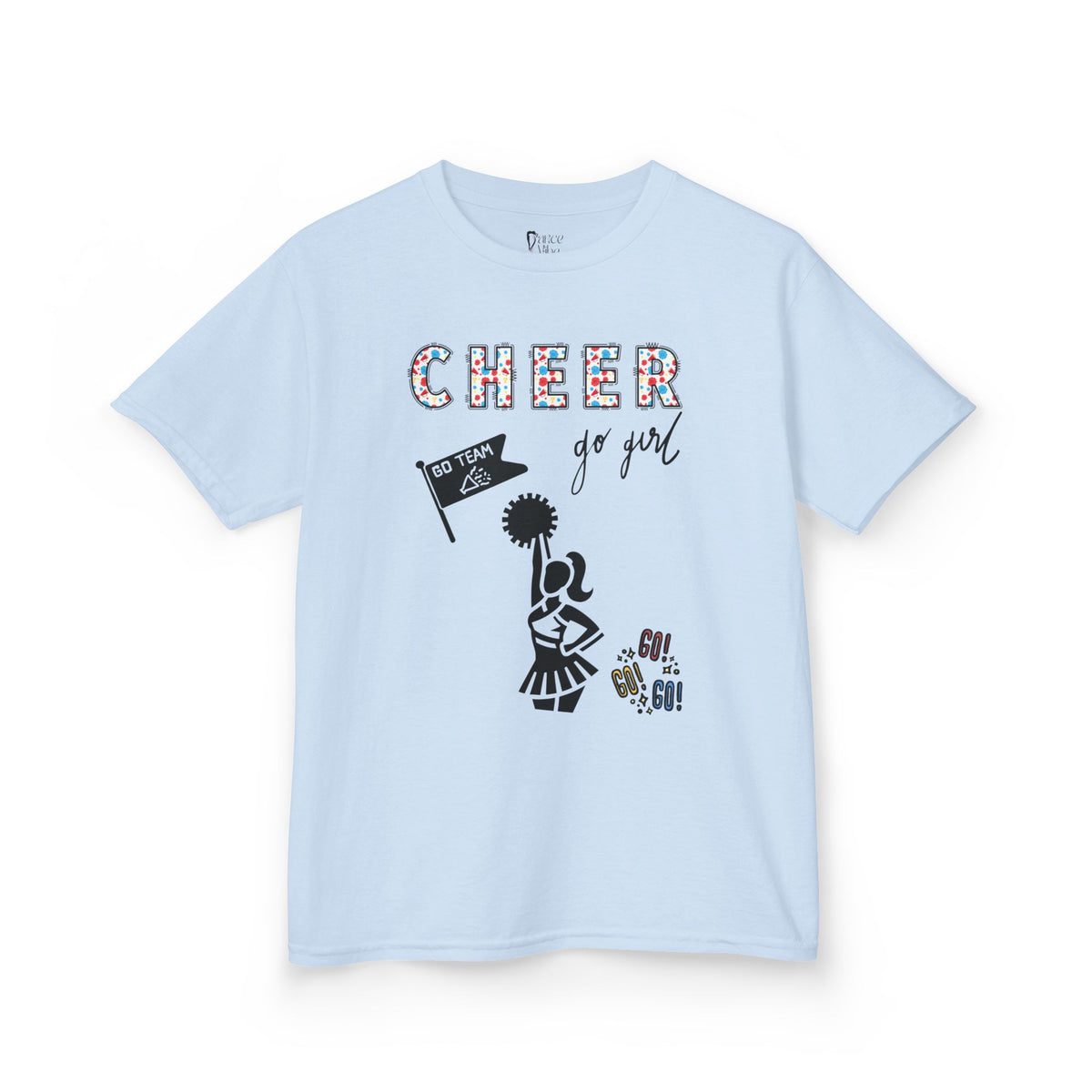 Front view of a youth Gildan 5000B heavy cotton t-shirt in light blue with a Cheerleader theme