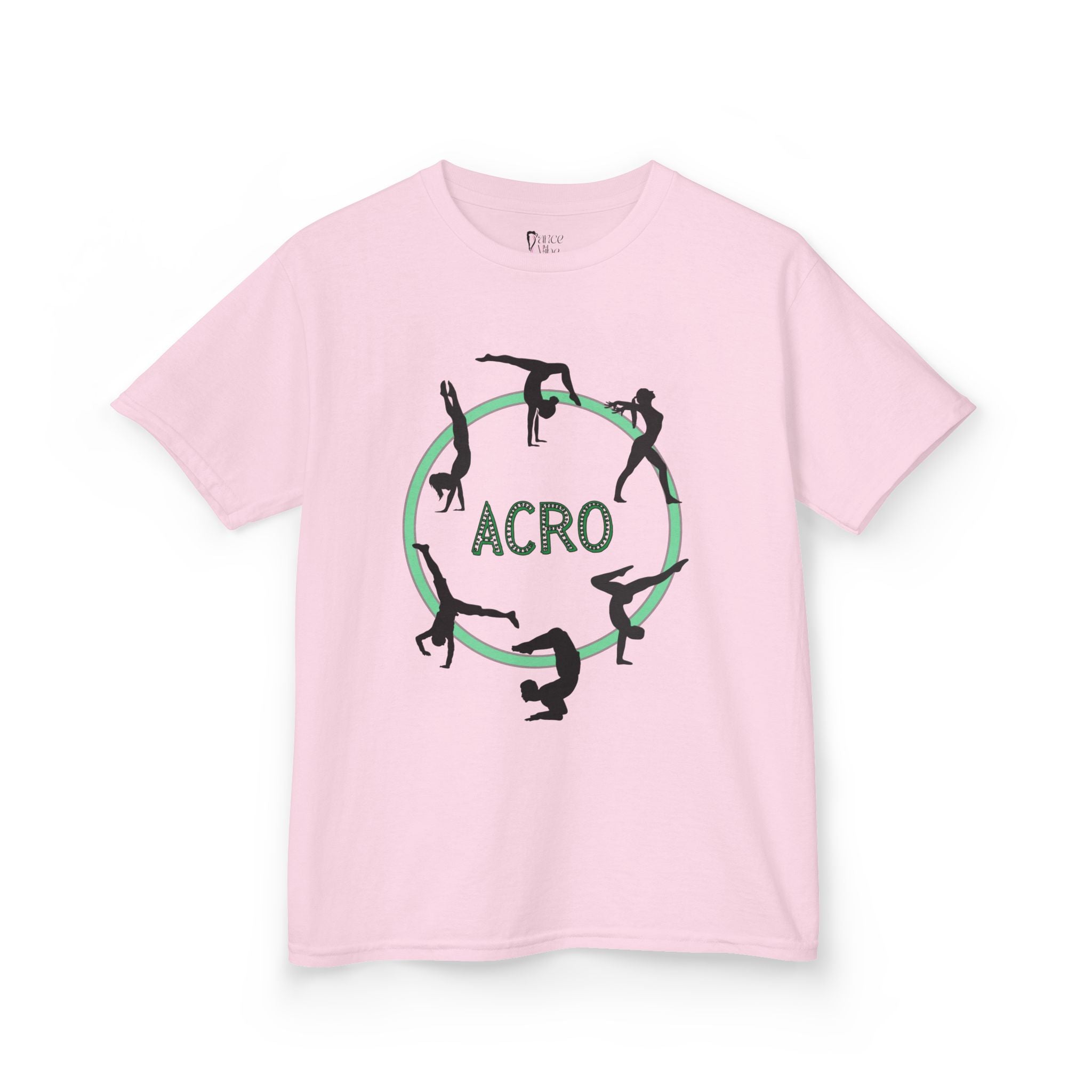 Front view of a youth Gildan 5000B heavy cotton t-shirt in light pink with an Acro Gymnastics theme