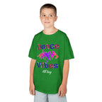 Young boy wearing a youth Gildan 5000B heavy cotton t-shirt in irish green with a Dance Vibes All Day text and graphic