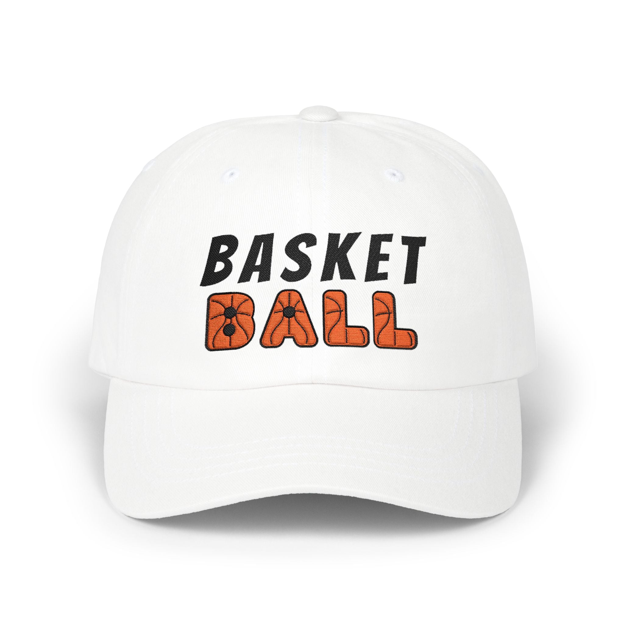 White embroidered classic dad cap hat with Basketball text and graphic Front view