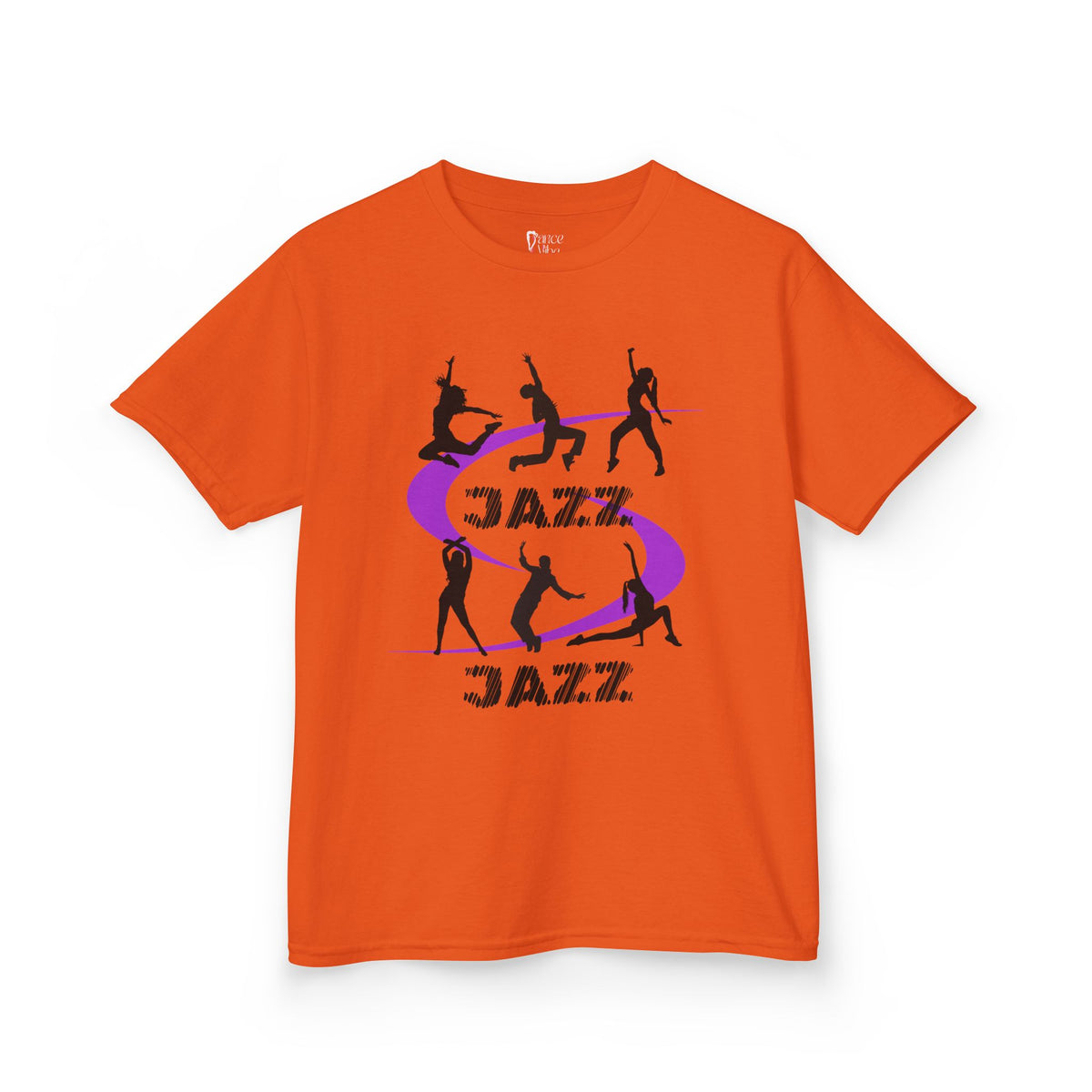 Front view of a youth Gildan 5000B heavy cotton t-shirt in orange with a Jazz Dance text and graphic