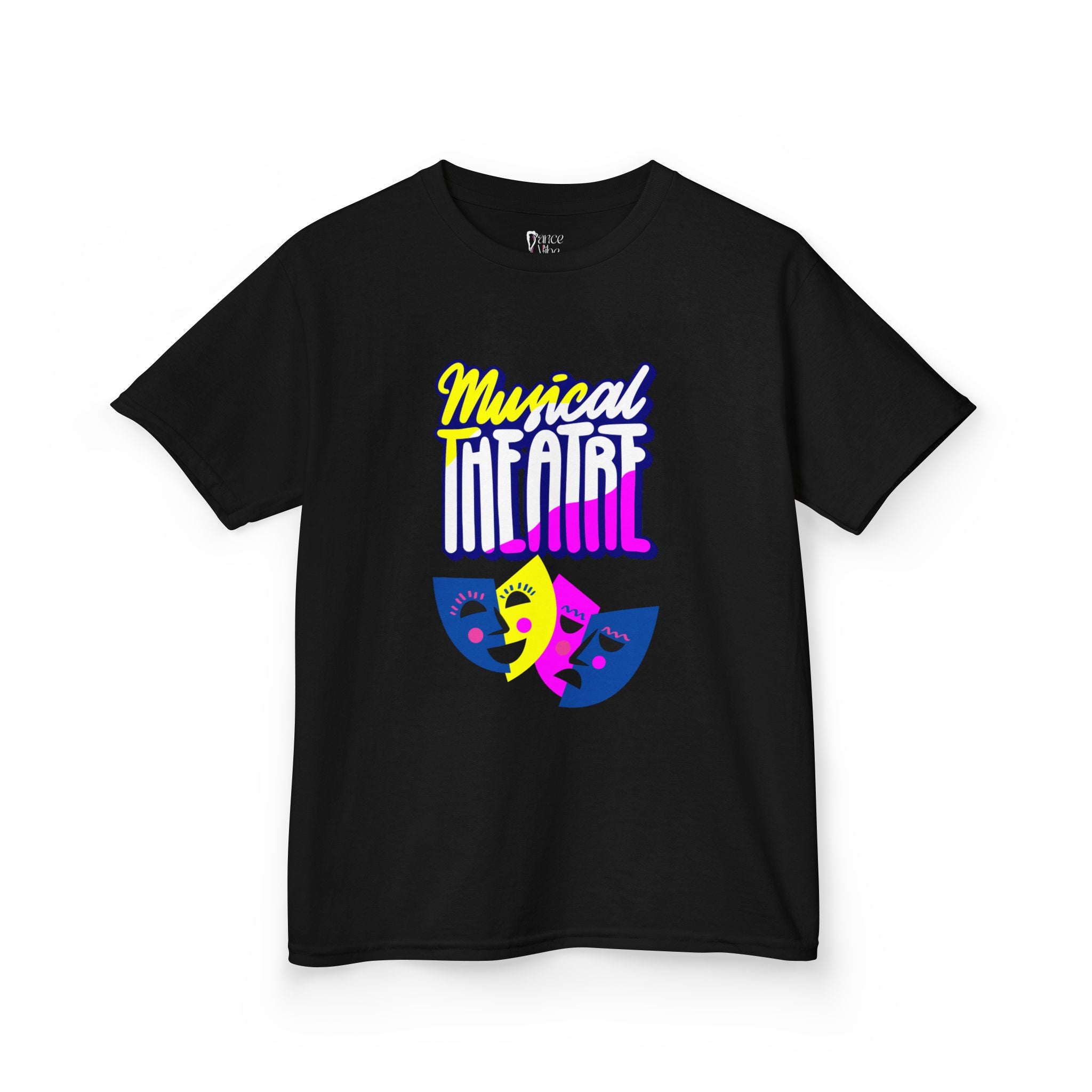 Front view of a youth Gildan 5000B heavy cotton t-shirt in black with a Musical Theater rainbow mask graphic