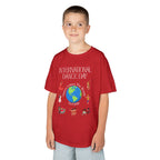 Young boy wearing a youth Gildan 5000B heavy cotton t-shirt in red with an International Dance Day theme 