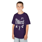 Young boy wearing a youth Gildan 5000B heavy cotton t-shirt in purple with a gymnastics text and graphic