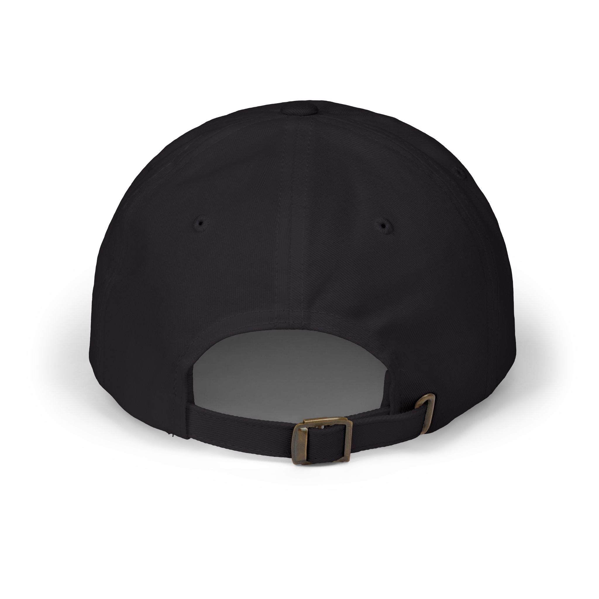 Back view of a black baseball cap featuring an adjustable strap.