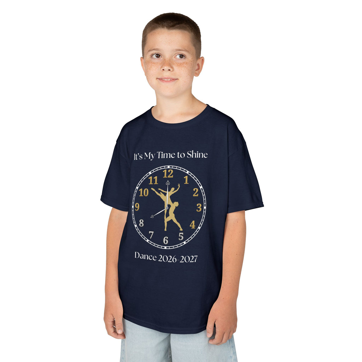 Young boy wearing a youth Gildan 5000B heavy cotton t-shirt in navy with a Ballet Couple 2026-2027 design