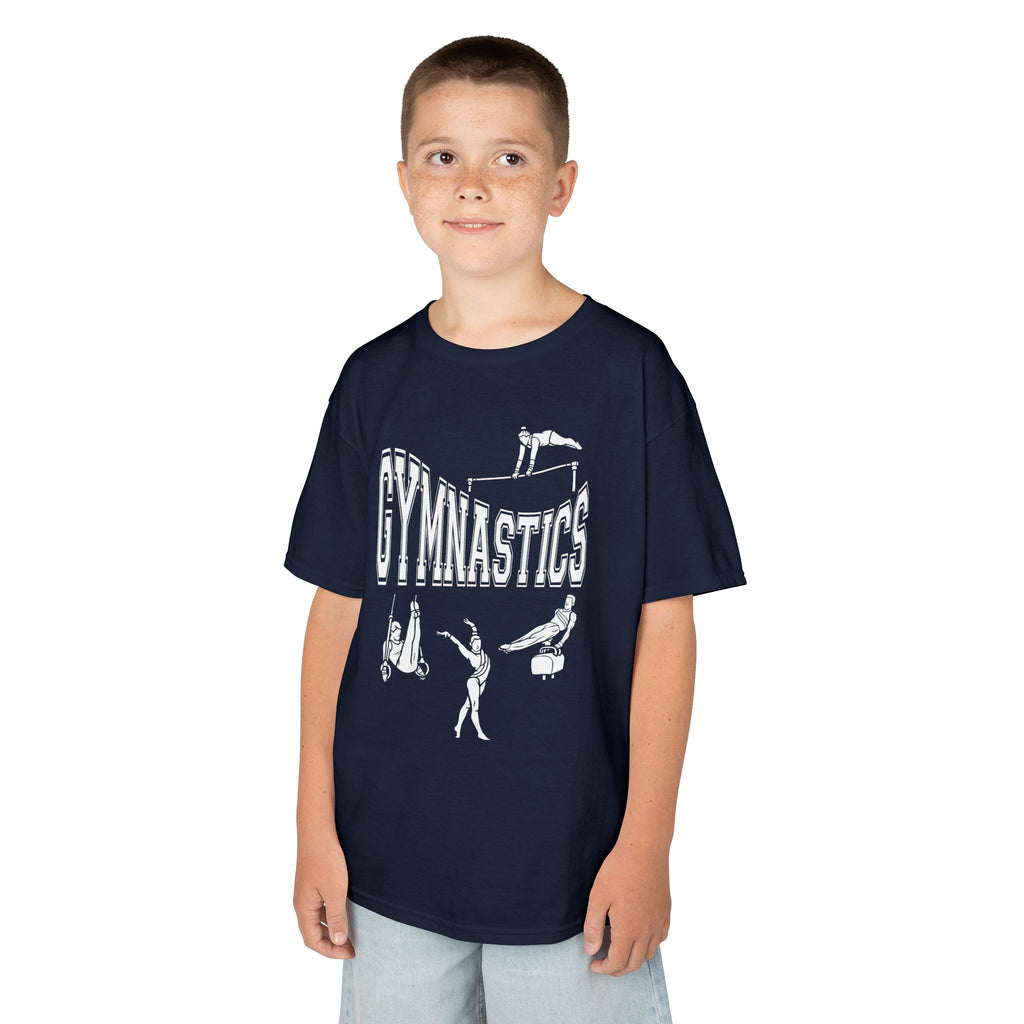 Young boy wearing a youth Gildan 5000B heavy cotton t-shirt in navy with a gymnastics text and graphic