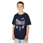 Young boy wearing a youth Gildan 5000B heavy cotton t-shirt in navy with a gymnastics text and graphic