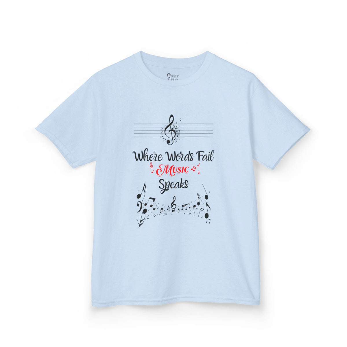 Front view of a youth Gildan 5000B heavy cotton t-shirt in light blue with a Where Words Fail Music Speaks text and graphic