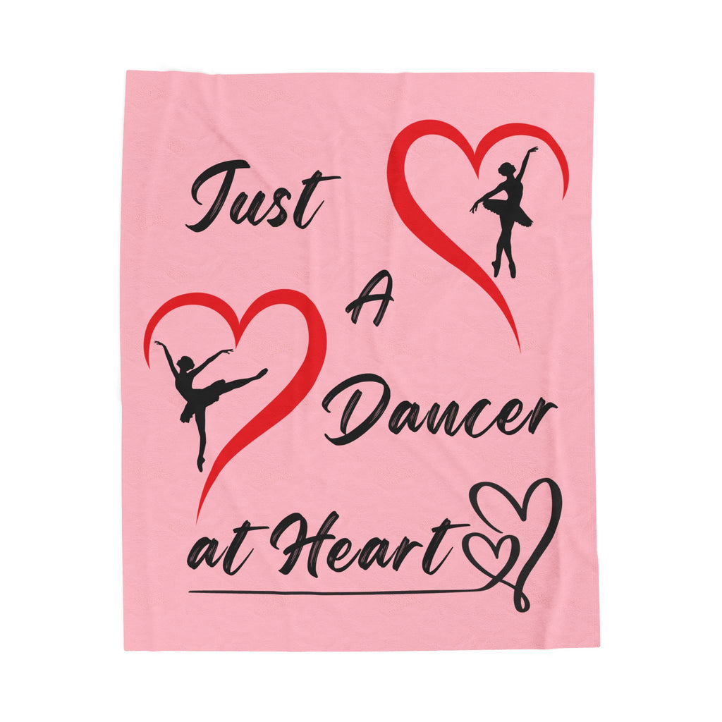 Pink velveteen plush throw blanket featuring Just a Dancer at Heart text with heart and ballerina graphics Size 50x60
