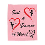 Pink velveteen plush throw blanket featuring Just a Dancer at Heart text with heart and ballerina graphics Size 50x60