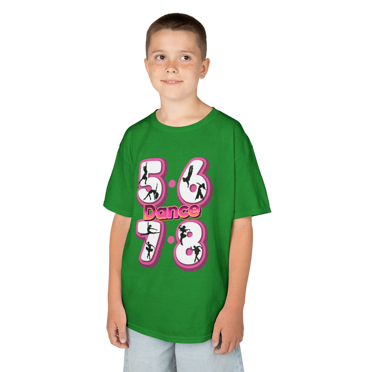 Young boy wearing a Gildan 5000B heavy cotton t-shirt in irish green with a 5678 Dance text and graphic