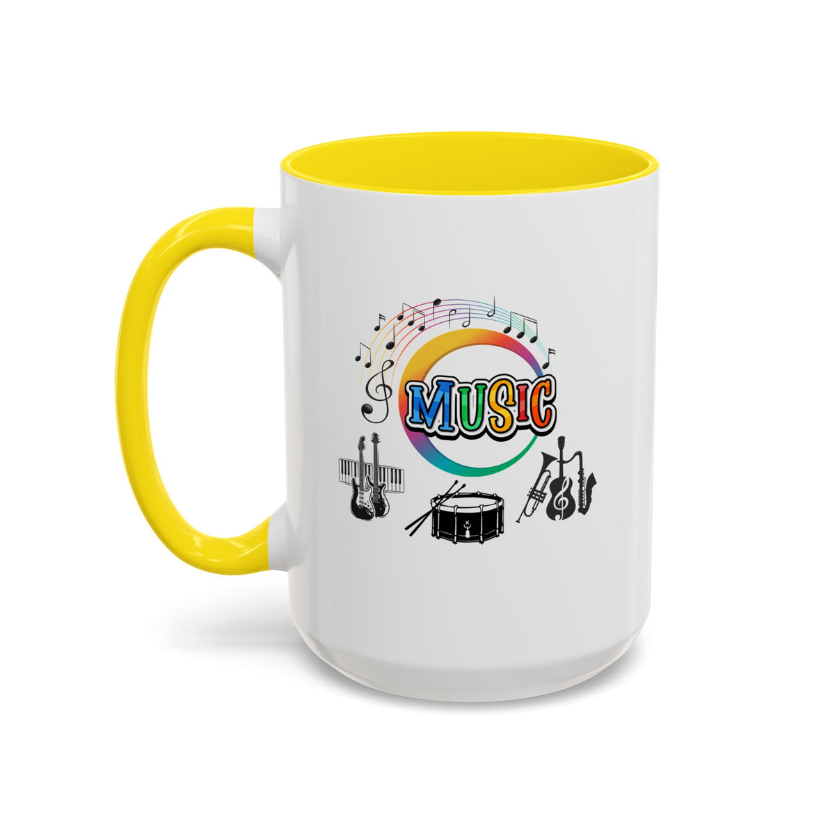 15oz white ceramic Music Instrument mug with yellow handle and interior Left handed view