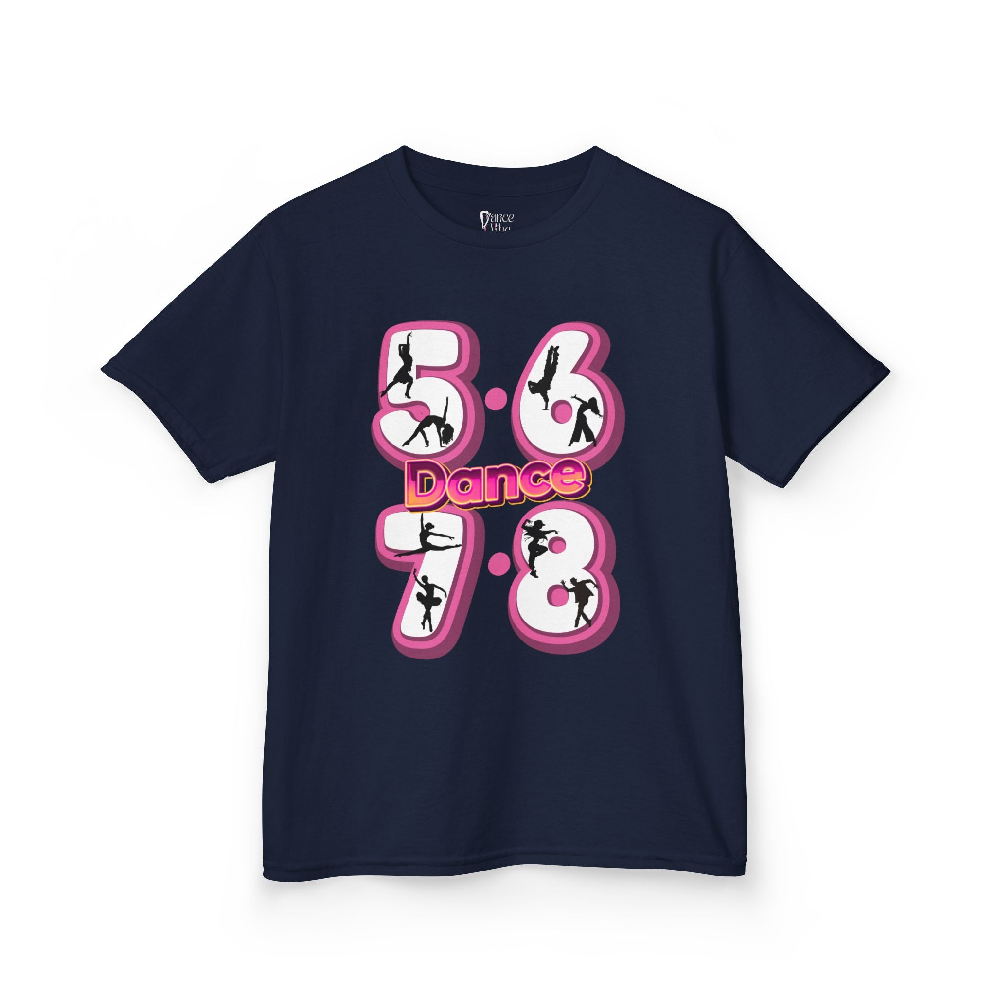 Front view of a youth Gildan 5000B heavy cotton t-shirt in navy with a 5678 Dance text and graphic