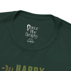 Close-up of a forest green crewneck t-shirt showing the inner neck label with Dance Vibe Designs LLC printed in white.