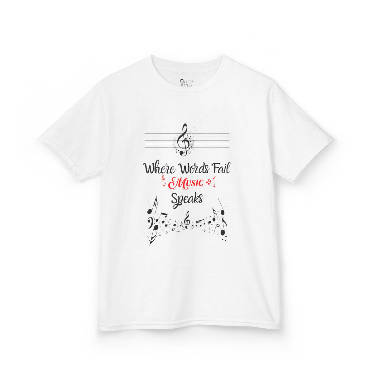 Front view of a youth Gildan 5000B heavy cotton t-shirt in white with a Where Words Fail Music Speaks text and graphic